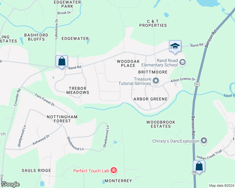 map of restaurants, bars, coffee shops, grocery stores, and more near 148 Blossom Creek Drive in Garner