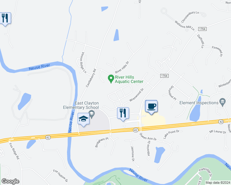 map of restaurants, bars, coffee shops, grocery stores, and more near 170 East Porthaven Way in Clayton