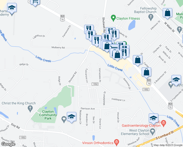 map of restaurants, bars, coffee shops, grocery stores, and more near 102 Sioux Lane in Clayton