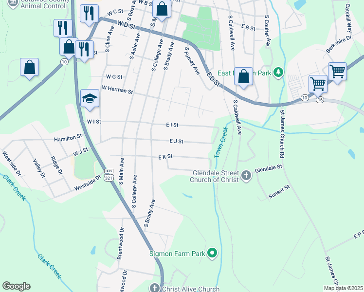 map of restaurants, bars, coffee shops, grocery stores, and more near 321 East J Street in Newton