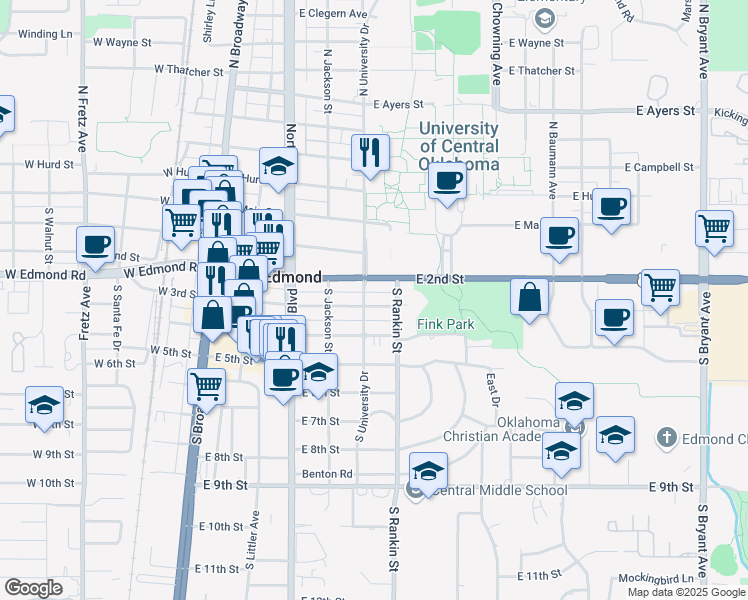 map of restaurants, bars, coffee shops, grocery stores, and more near 405 East 3rd Street in Edmond