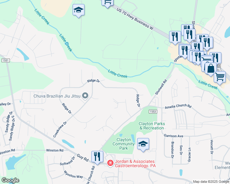map of restaurants, bars, coffee shops, grocery stores, and more near 1033 Ridge Drive in Clayton