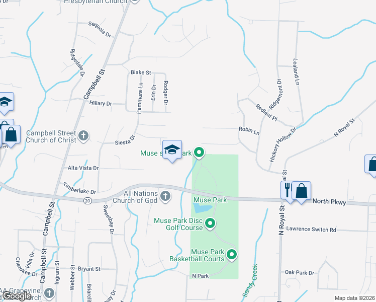 map of restaurants, bars, coffee shops, grocery stores, and more near 1341 N Parkway in Jackson