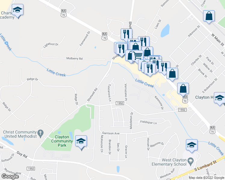 map of restaurants, bars, coffee shops, grocery stores, and more near 105 Sioux Lane in Clayton