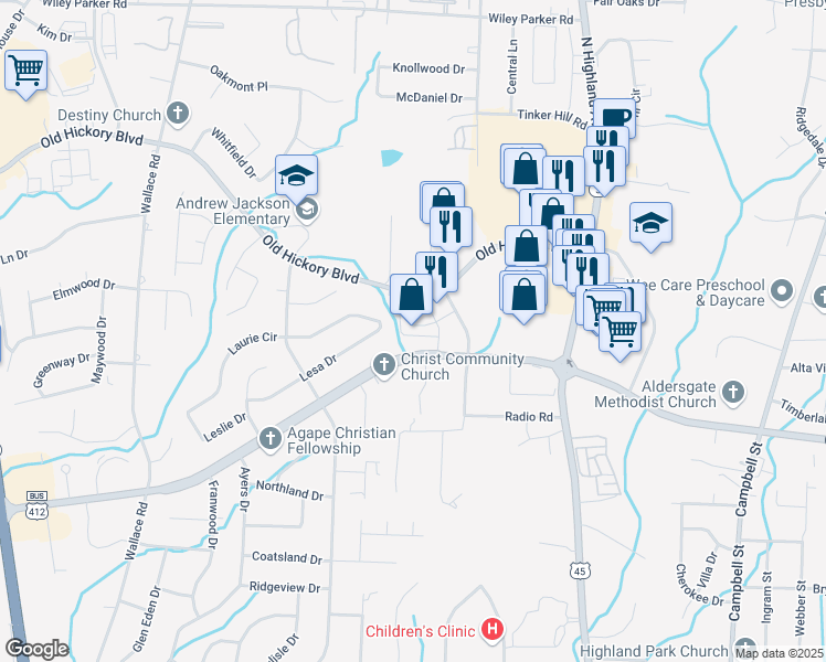 map of restaurants, bars, coffee shops, grocery stores, and more near 180 Old Hickory Boulevard in Jackson