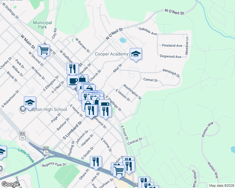 map of restaurants, bars, coffee shops, grocery stores, and more near 415 East Hinton Street in Clayton