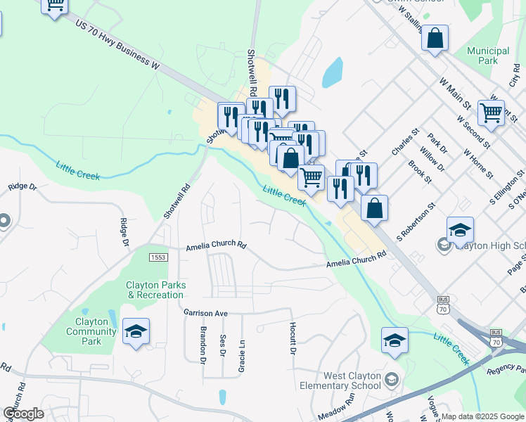 map of restaurants, bars, coffee shops, grocery stores, and more near 1513 Kenmore Drive in Clayton