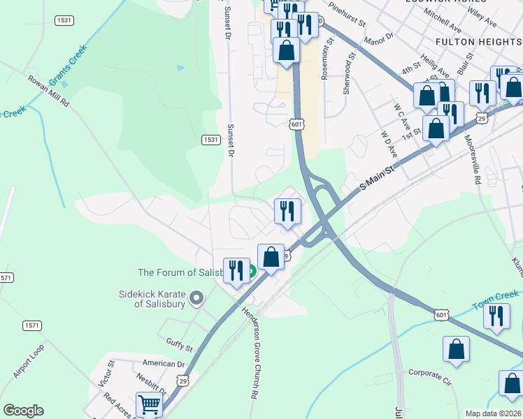 map of restaurants, bars, coffee shops, grocery stores, and more near 210 Sunset Drive in Salisbury