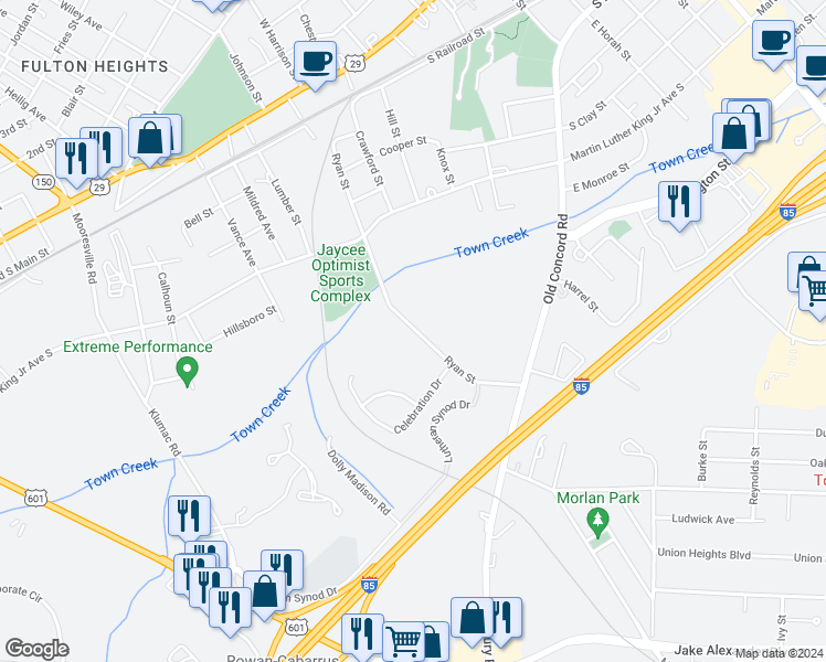 map of restaurants, bars, coffee shops, grocery stores, and more near 721 Ryan Street in Salisbury