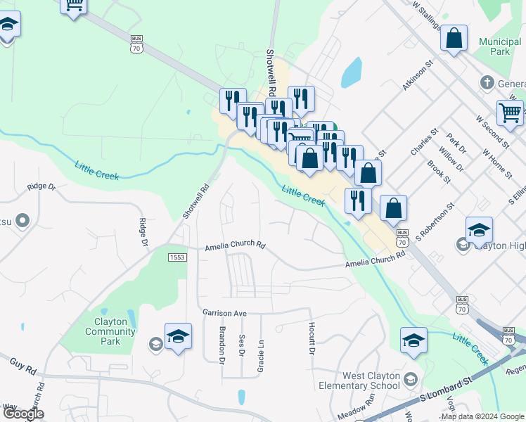 map of restaurants, bars, coffee shops, grocery stores, and more near 118 Verrazano Place in Clayton