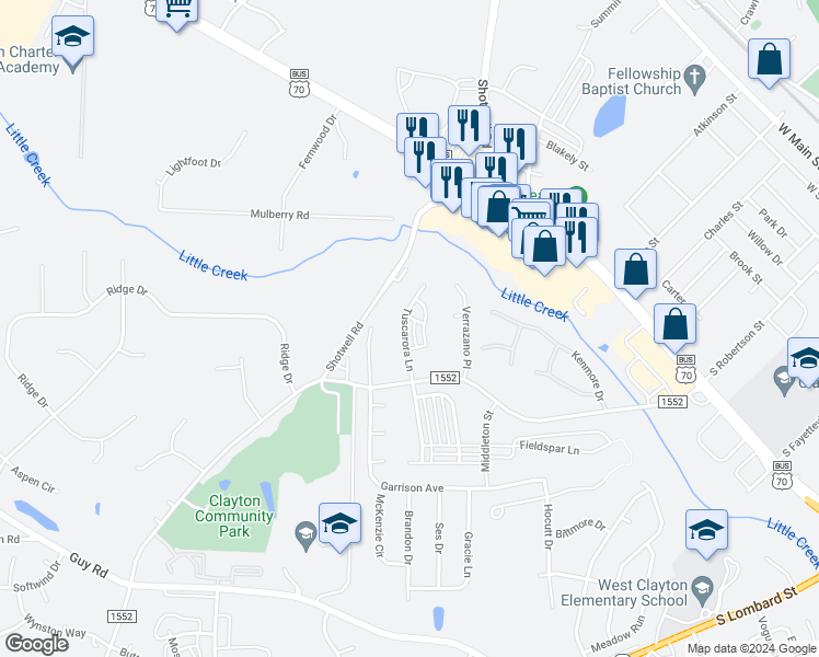 map of restaurants, bars, coffee shops, grocery stores, and more near 148 Tuscarora Lane in Clayton