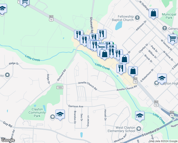 map of restaurants, bars, coffee shops, grocery stores, and more near 118 Verrazano Place in Clayton