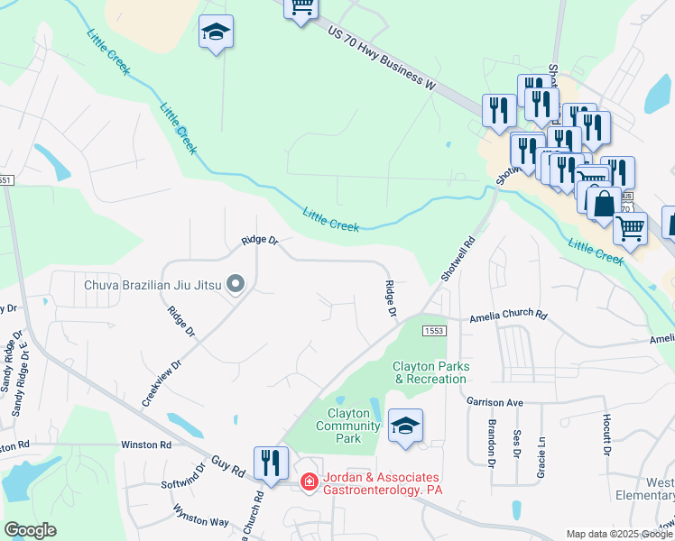 map of restaurants, bars, coffee shops, grocery stores, and more near 1033 Ridge Drive in Clayton
