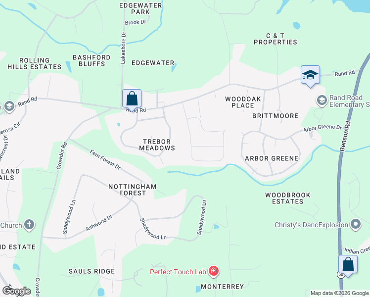 map of restaurants, bars, coffee shops, grocery stores, and more near 190 Roaring Creek Drive in Garner