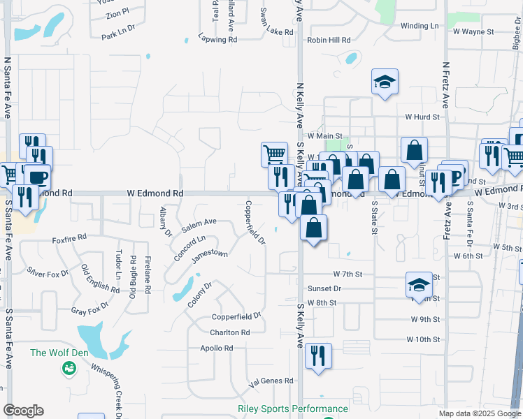 map of restaurants, bars, coffee shops, grocery stores, and more near 1108 Raliegh Circle in Edmond
