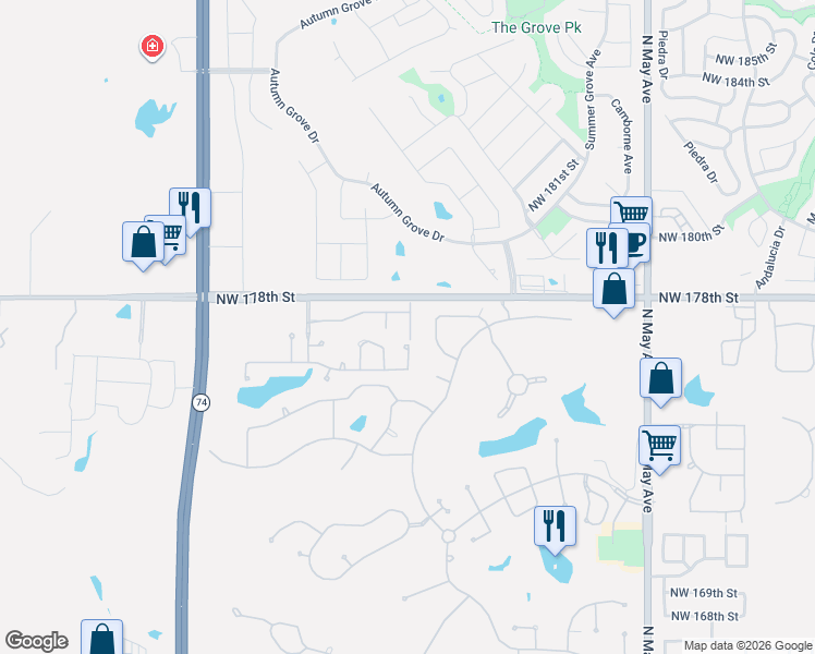 map of restaurants, bars, coffee shops, grocery stores, and more near 17812 Morning Sky Lane in Edmond