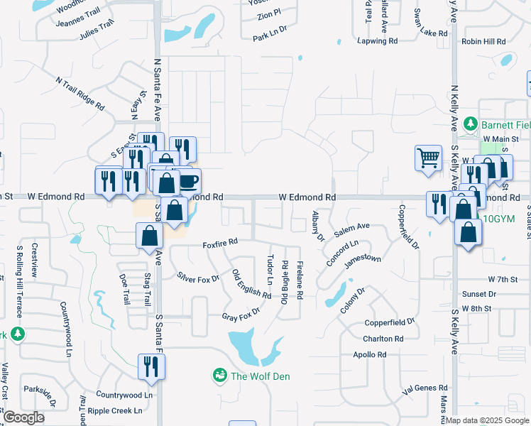 map of restaurants, bars, coffee shops, grocery stores, and more near 1800 Dodge Trail in Edmond