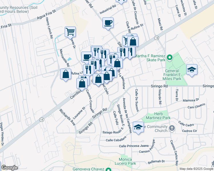 map of restaurants, bars, coffee shops, grocery stores, and more near 3022 Cielo Court in Santa Fe