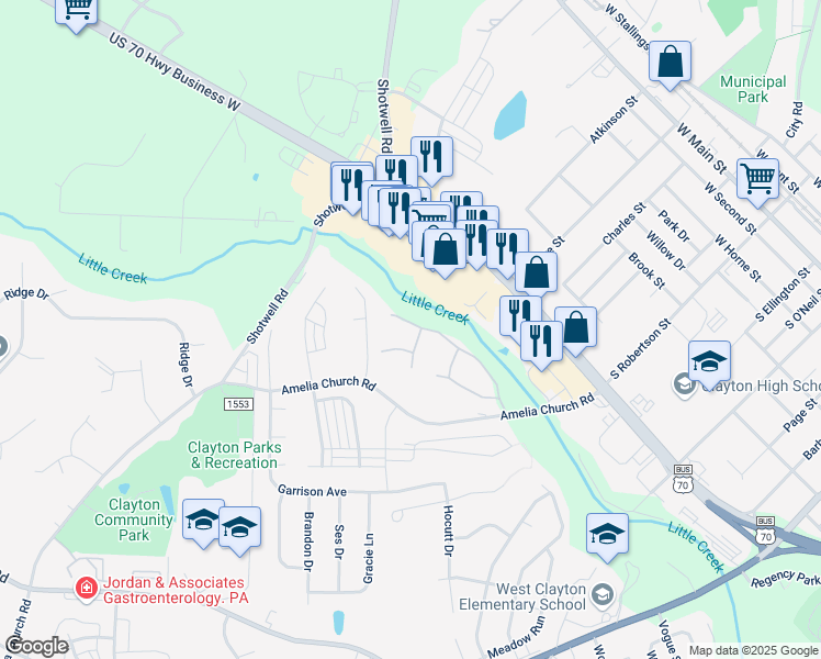 map of restaurants, bars, coffee shops, grocery stores, and more near 1515 Kenmore Drive in Clayton