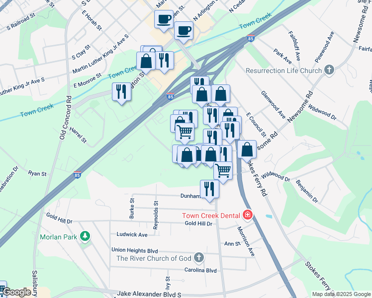map of restaurants, bars, coffee shops, grocery stores, and more near 251 Faith Road in Salisbury