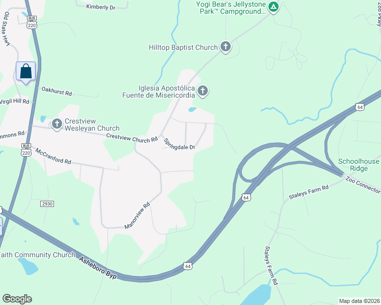 map of restaurants, bars, coffee shops, grocery stores, and more near 530 Springdale Drive in Asheboro