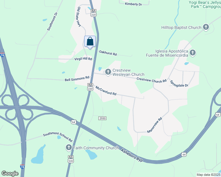 map of restaurants, bars, coffee shops, grocery stores, and more near 197 McCranford Road in Asheboro