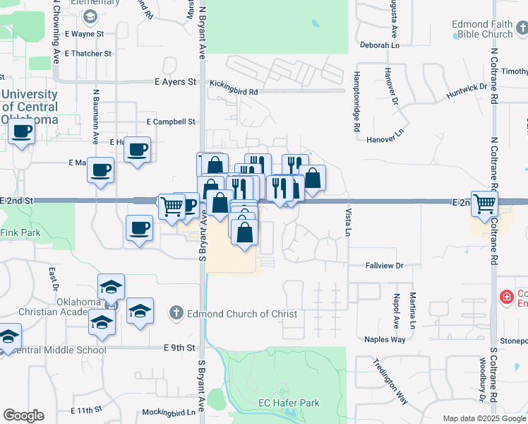 map of restaurants, bars, coffee shops, grocery stores, and more near 1800 E 2nd St in Edmond