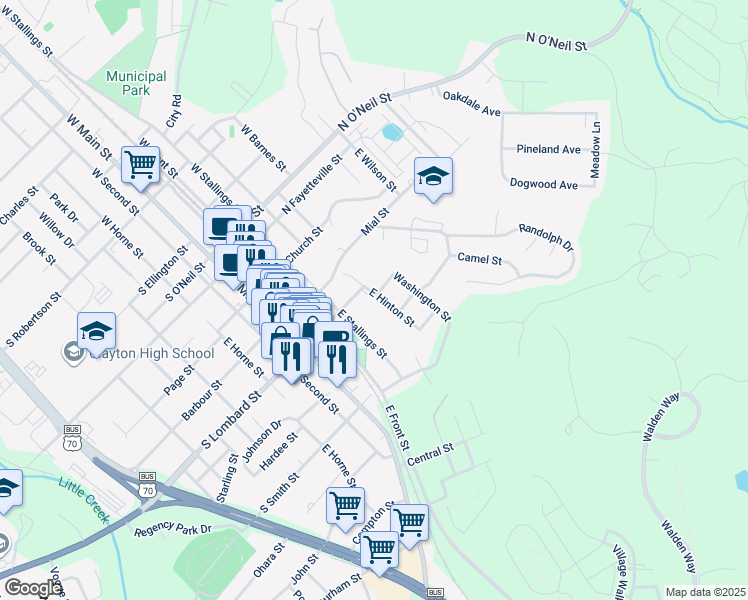 map of restaurants, bars, coffee shops, grocery stores, and more near 401 East Hinton Street in Clayton