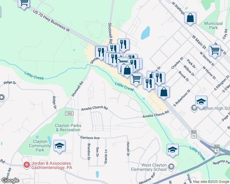 map of restaurants, bars, coffee shops, grocery stores, and more near 1629 Kenmore Drive in Clayton
