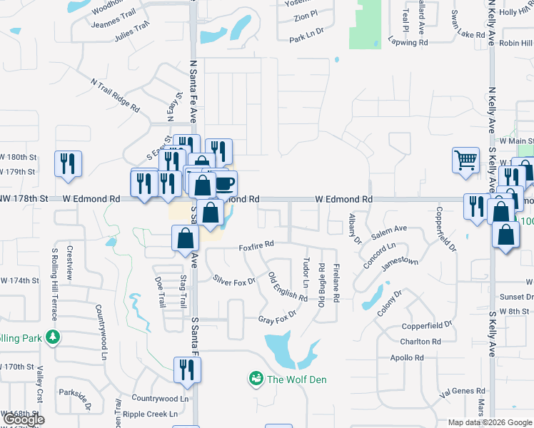 map of restaurants, bars, coffee shops, grocery stores, and more near 1917 Longhorn Drive in Edmond