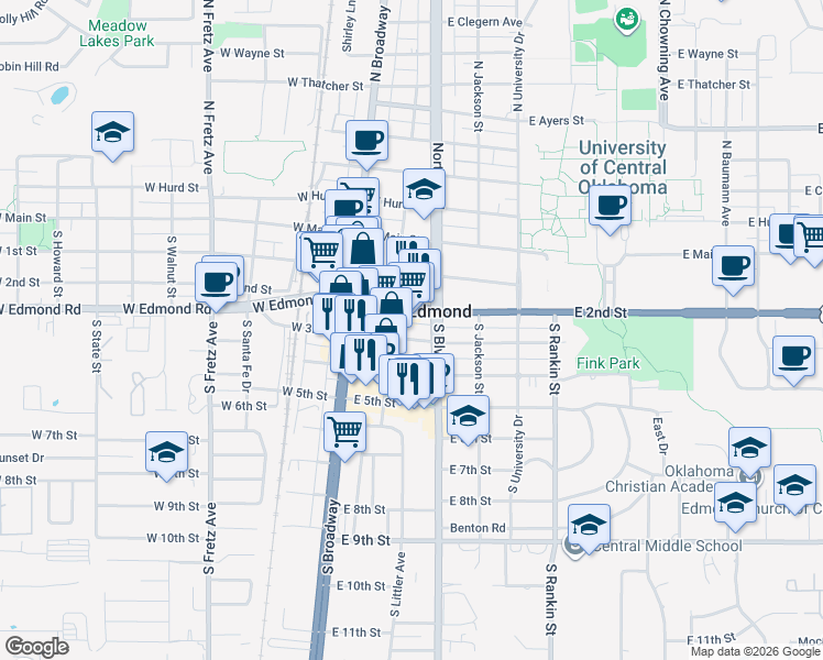 map of restaurants, bars, coffee shops, grocery stores, and more near 115 East 3rd Street in Edmond