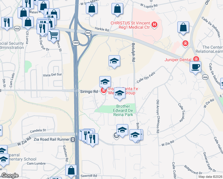 map of restaurants, bars, coffee shops, grocery stores, and more near 2112 Ridgeview Circle in Santa Fe