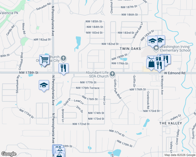 map of restaurants, bars, coffee shops, grocery stores, and more near 1713 Northwest 177th Street in Edmond