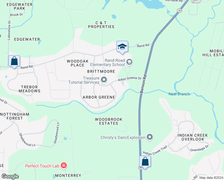map of restaurants, bars, coffee shops, grocery stores, and more near 1327 Arbor Greene Drive in Garner