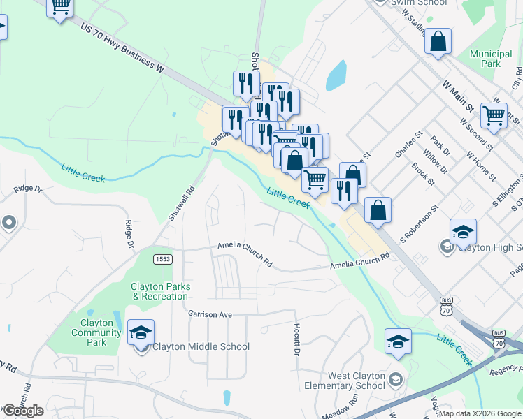 map of restaurants, bars, coffee shops, grocery stores, and more near 108 Verrazano Place in Clayton