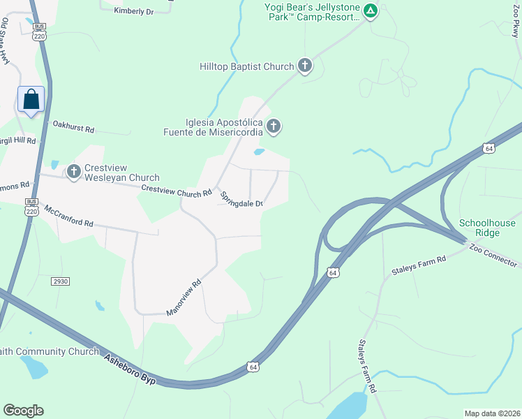 map of restaurants, bars, coffee shops, grocery stores, and more near 530 Springdale Drive in Asheboro