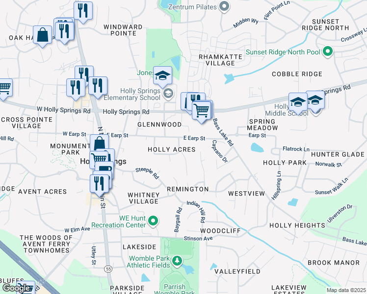 map of restaurants, bars, coffee shops, grocery stores, and more near 105 Holly Acres Road in Holly Springs