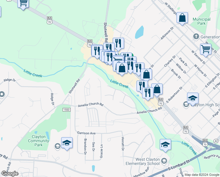 map of restaurants, bars, coffee shops, grocery stores, and more near 1629 Kenmore Drive in Clayton