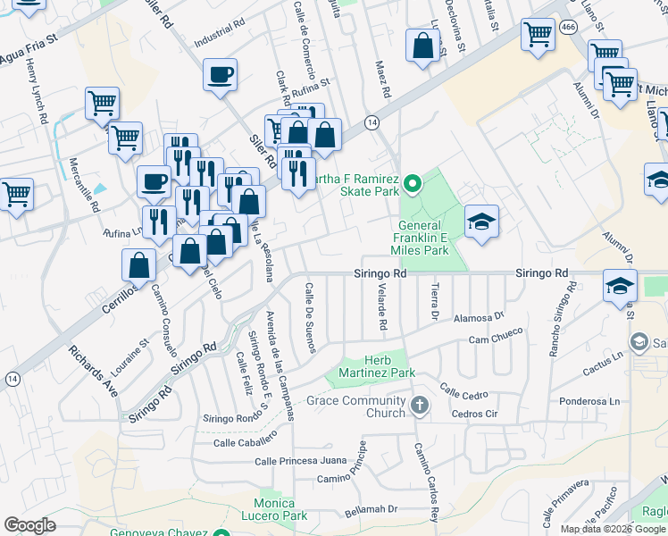 map of restaurants, bars, coffee shops, grocery stores, and more near 1028 Calle Margarita in Santa Fe