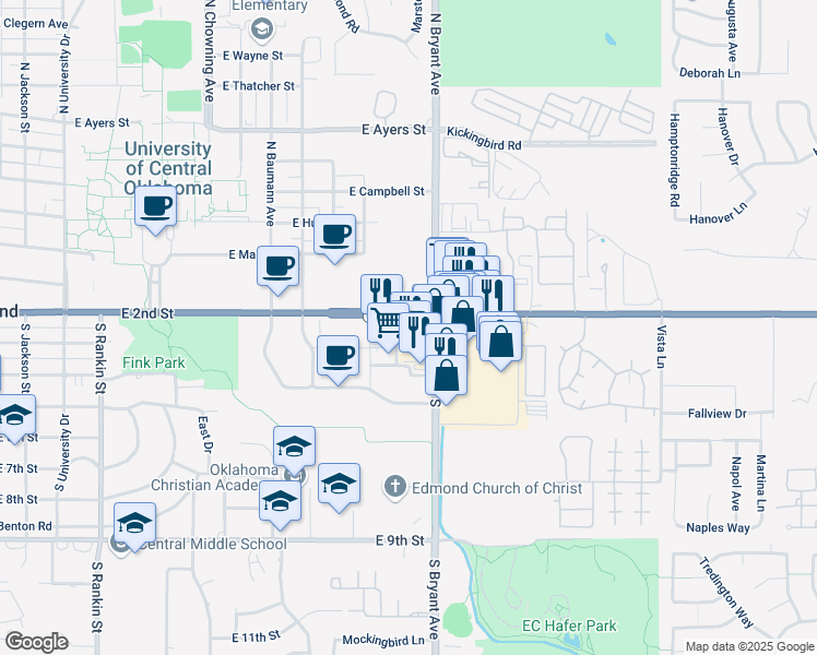 map of restaurants, bars, coffee shops, grocery stores, and more near 1400 East 2nd Street in Edmond