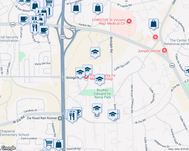 map of restaurants, bars, coffee shops, grocery stores, and more near 2112 Ridgeview Circle in Santa Fe