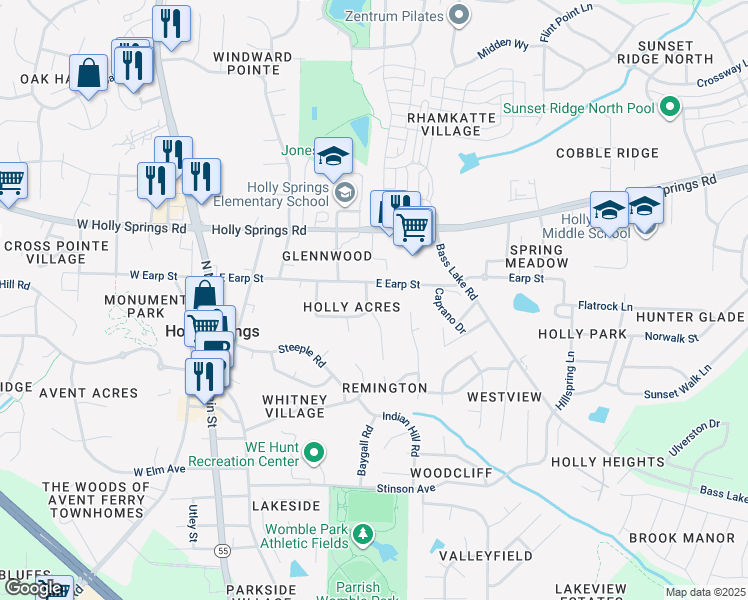 map of restaurants, bars, coffee shops, grocery stores, and more near 105 Holly Acres Road in Holly Springs