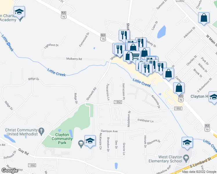 map of restaurants, bars, coffee shops, grocery stores, and more near 170 Tuscarora Lane in Clayton