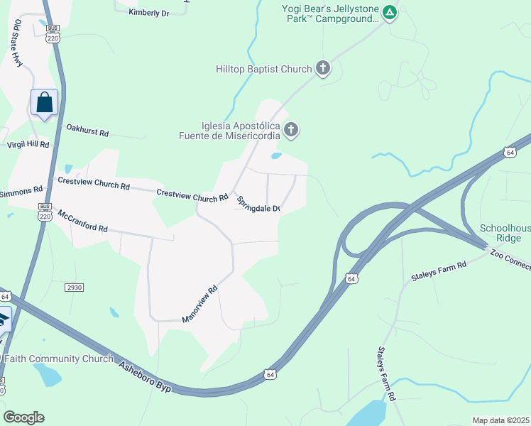 map of restaurants, bars, coffee shops, grocery stores, and more near 530 Springdale Drive in Asheboro