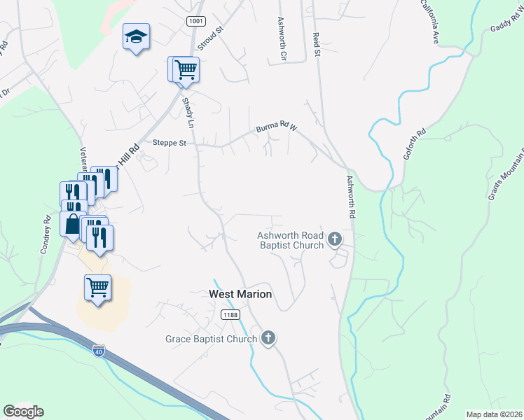 map of restaurants, bars, coffee shops, grocery stores, and more near 168 Devonwood Drive in Marion