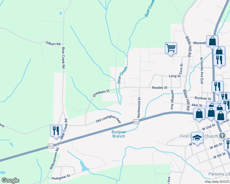 map of restaurants, bars, coffee shops, grocery stores, and more near 201 Elizabeth Street in Parsons