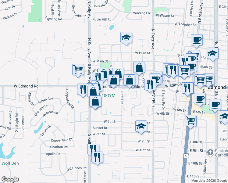 map of restaurants, bars, coffee shops, grocery stores, and more near 620 West Edmond Road in Edmond