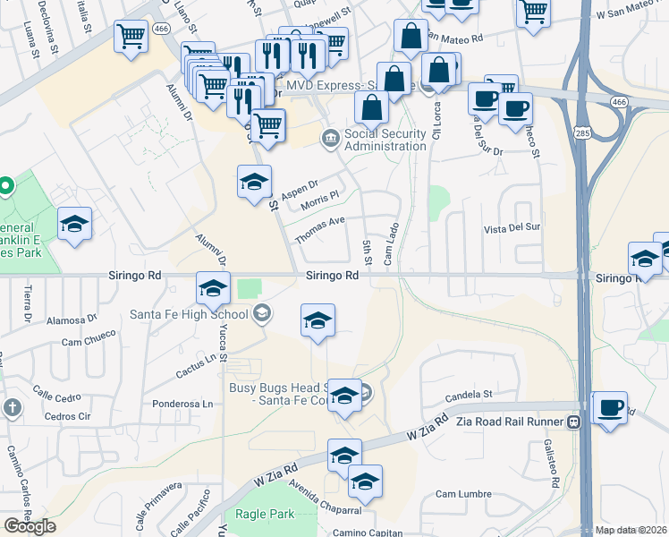 map of restaurants, bars, coffee shops, grocery stores, and more near 2107 Avenue De Las Alturas in Santa Fe