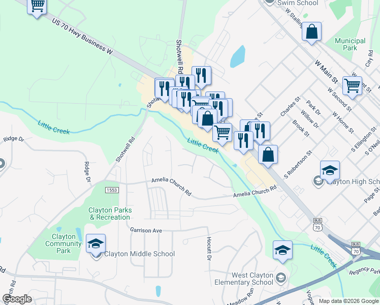map of restaurants, bars, coffee shops, grocery stores, and more near 1513 Kenmore Drive in Clayton