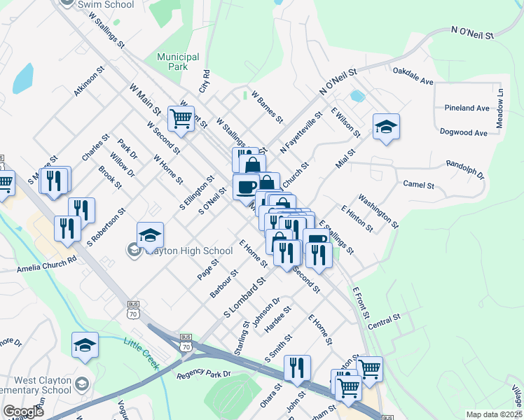map of restaurants, bars, coffee shops, grocery stores, and more near 109 South Church Street in Clayton